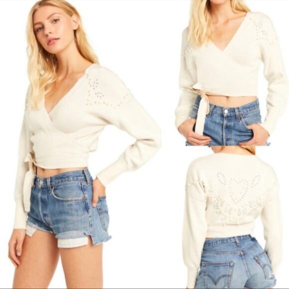 Wildfox Wilder Pearl Tie Wrap Sweater Embellished Beaded Cropped Cream Large NWT - Picture 15 of 15